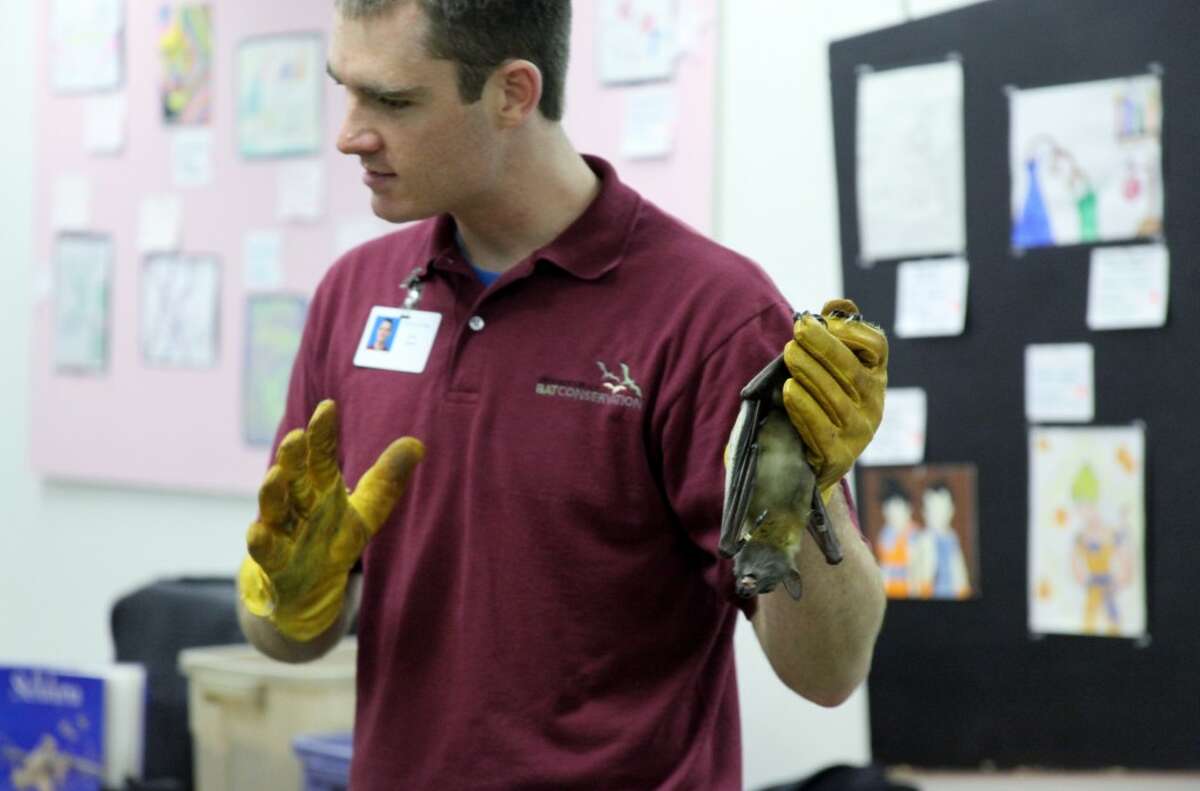 BAT EDUCATION: Chad Geurts, of the Organization for Bat Conservation, holds up Boomerang, a straw-colored fruit bat. He introduced a group of children to four different bats.