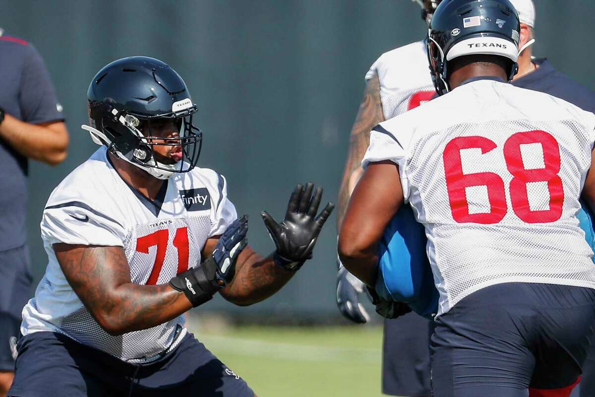 Texans offensive tackle Tytus Howard (71), the team's first-round draft pick this year, also has seen time at guard since training camp started.
