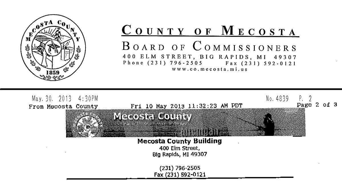 SCAM LETTER: Above, an example of the official letterhead used by Mecosta County. Below, the letterhead used on a fax received by a Morley man who was defrauded of at least $5,000. (Courtesy photos)