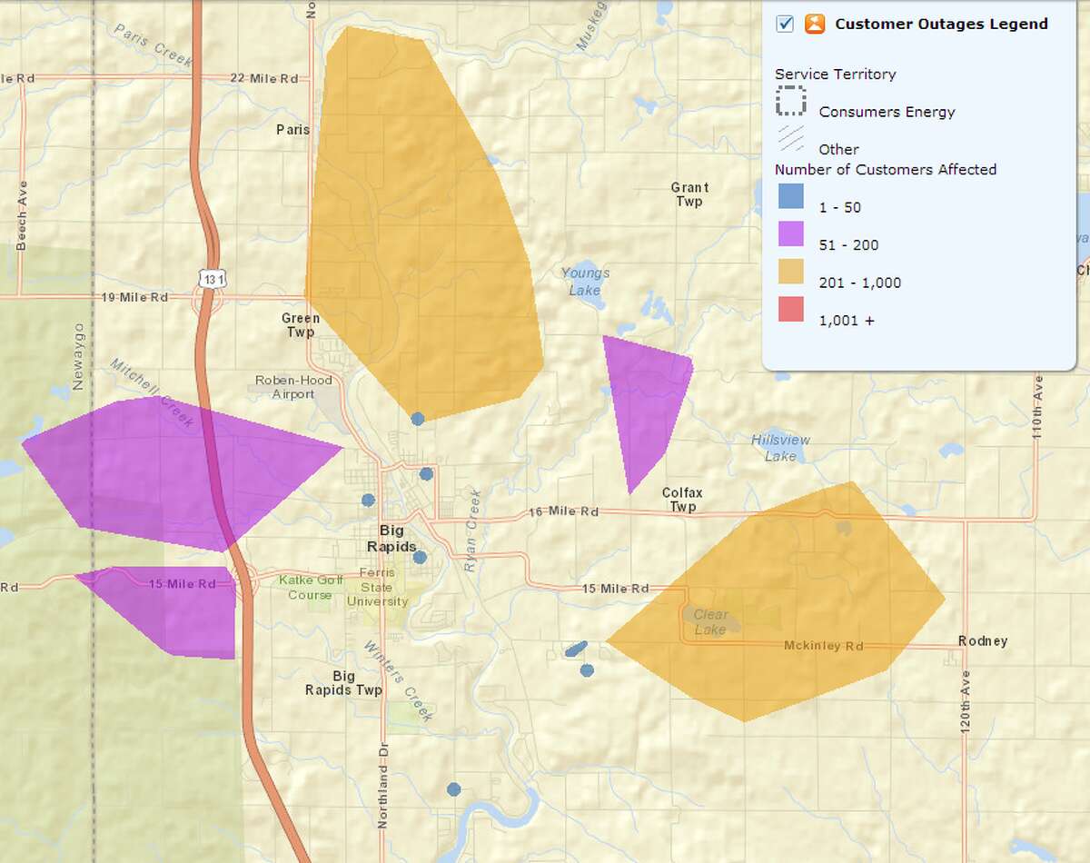 According to an outage map provided by Consumers Energy, several areas surrounding Big Rapids are still without electricity after Tuesday's storms. (Courtesy photo)