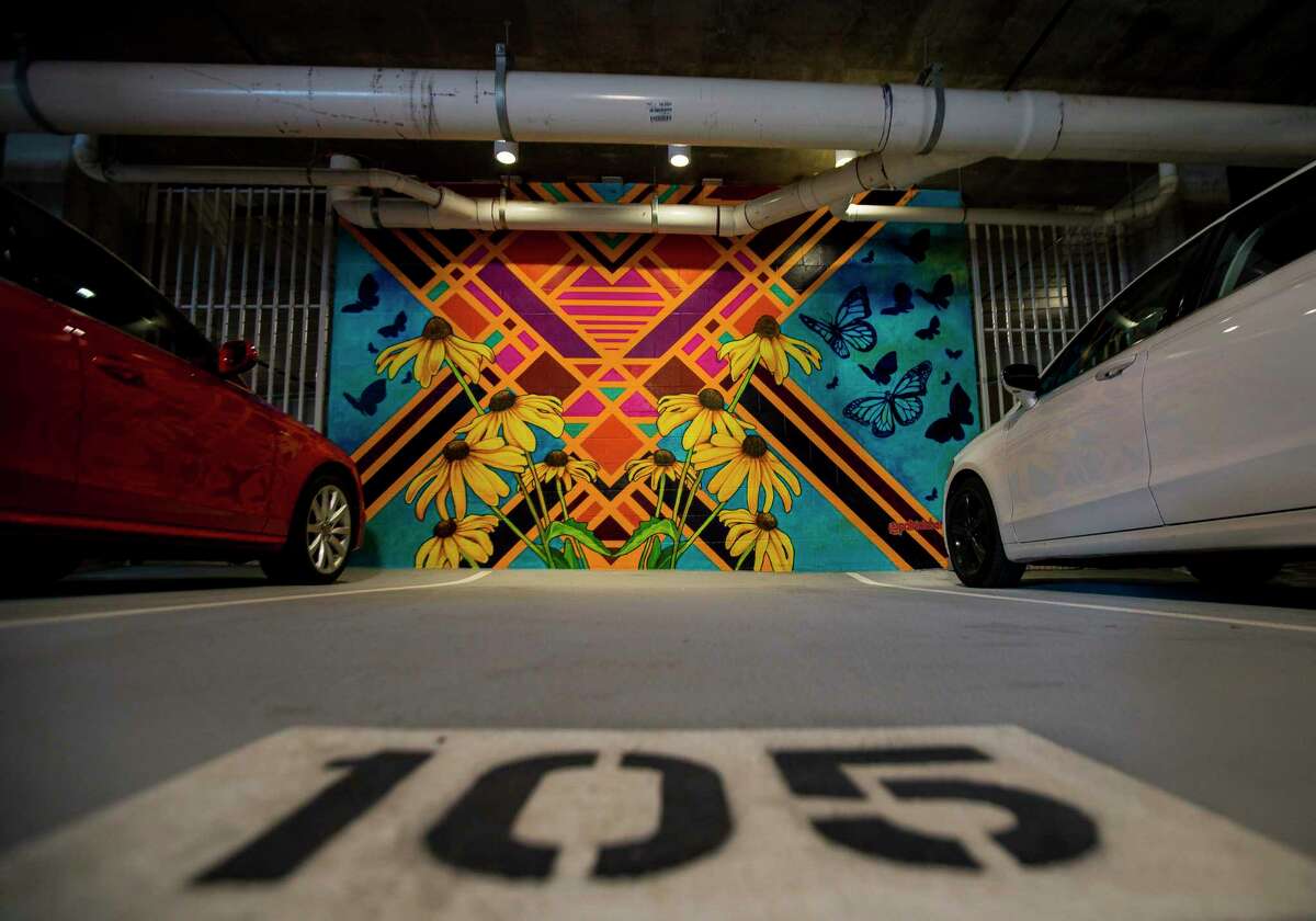 A trio of murals by Patricia Barrera decorate walls at the entrance to the parking garage at the new Drewery Place luxury high-rise in midtown Houston, Tuesday, July 2, 2019.