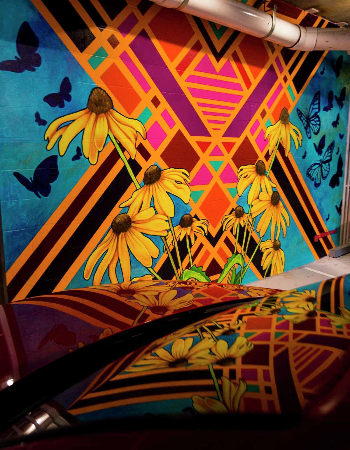 A trio of murals by Patricia Barrera decorate walls at the entrance to the parking garage at the new Drewery Place luxury high-rise in midtown Houston, Tuesday, July 2, 2019.