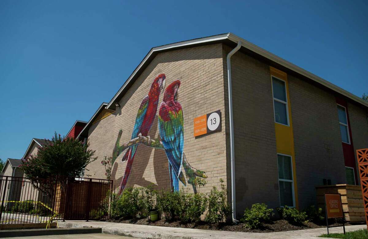 A mural by Houston artist Anat Ronen fills a wall at the Zocalo Apartments in the Spring Branch are of Houston, Thursday, July 25, 2019. The apartments will soon host the city's first commercially-sponsored artist-in-residence program.