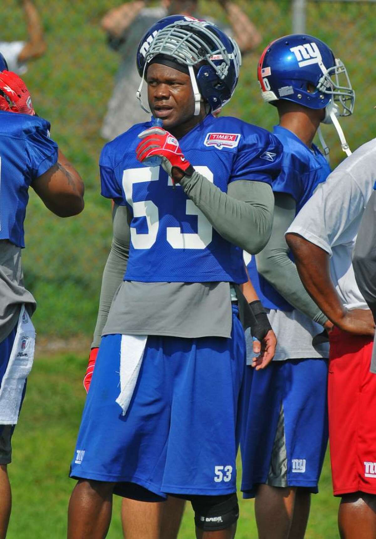 New York Giants linebacker Keith Bulluck on the first day of training camp at UAlbany. (Philip Kamrass / Times Union)