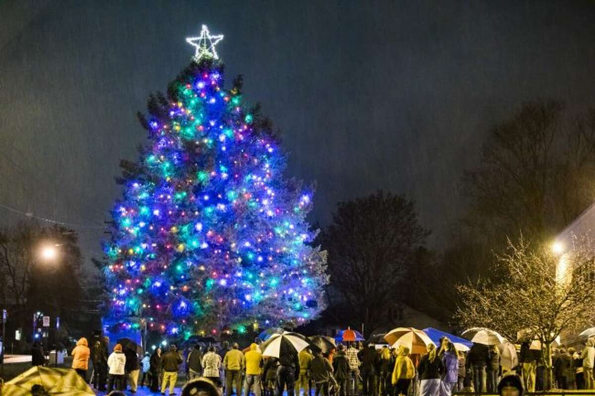 Community members gather during a Tree Lighting Ceremony at Spectrum Health Big Rapids Hospital in 2018. The ceremony has been an annual tradition for decades. (Pioneer file photo)