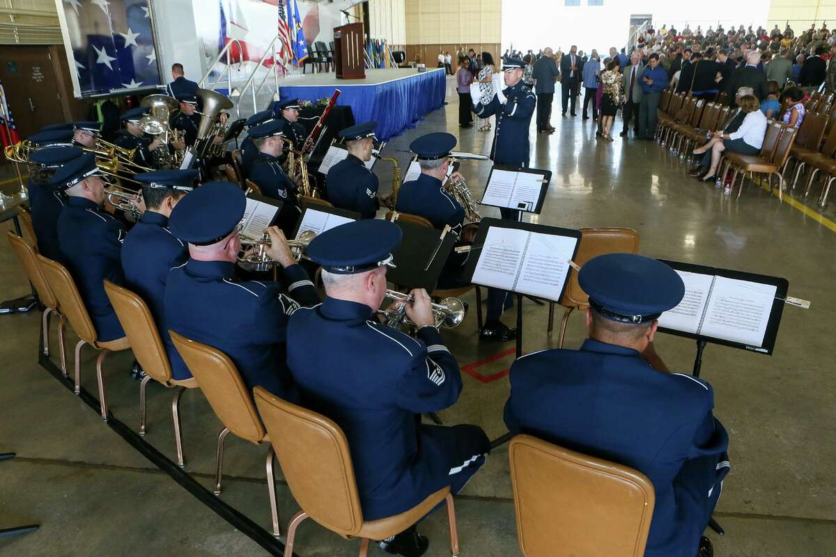 The Air Force's Banld of the West plays at the beginning of the ceremony where Lt. Gen. Marshall B. "Brad" Webb took the reins of the Air Education and Training Command from Lt. Gen. Steven Kwast at Joint Base San Antonio - Randolph on Friday, July 26, 2019.