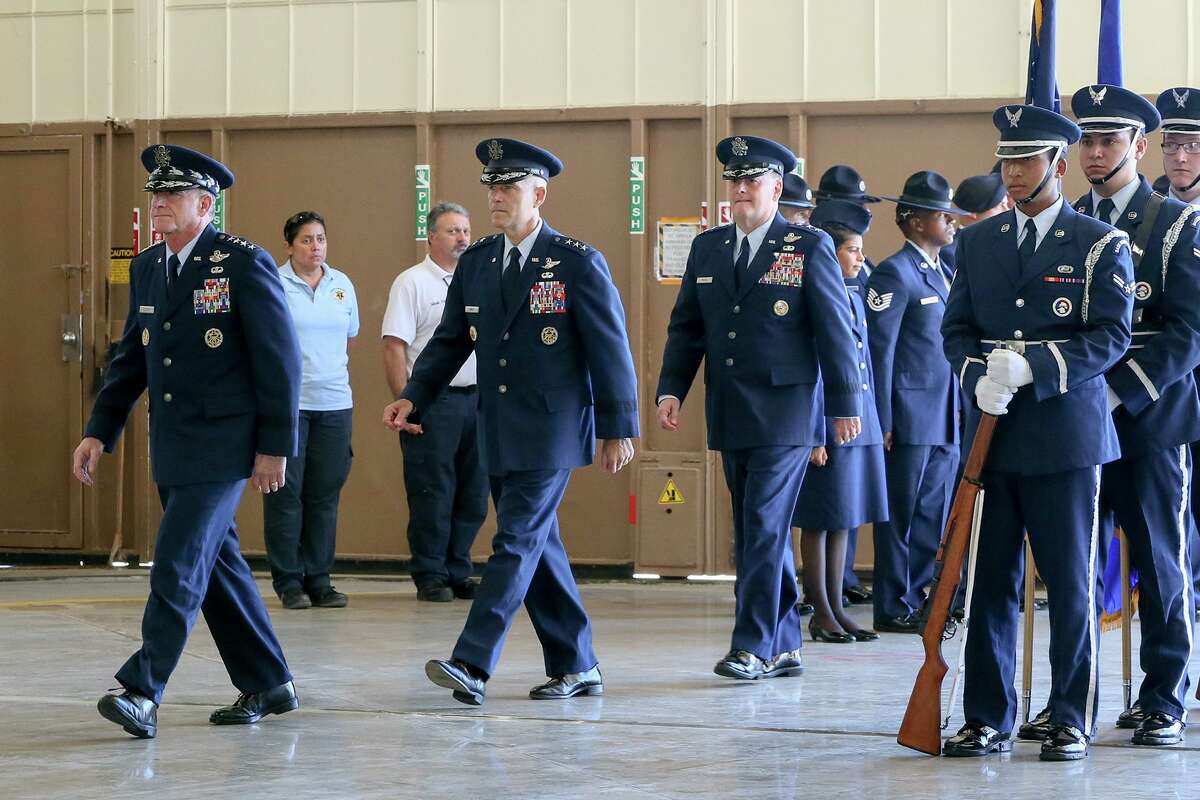 Air Force chief of staff Gen. David L. Goldfein, from left, Lt. Gen. Marshall B. "Brad" Webb, and Lt. Gen. Steven Kwast arrive for a ceremony where Webb took the reins of the Air Education and Training Command from Kwast at Joint Base San Antonio - Randolph on Friday, July 26, 2019.