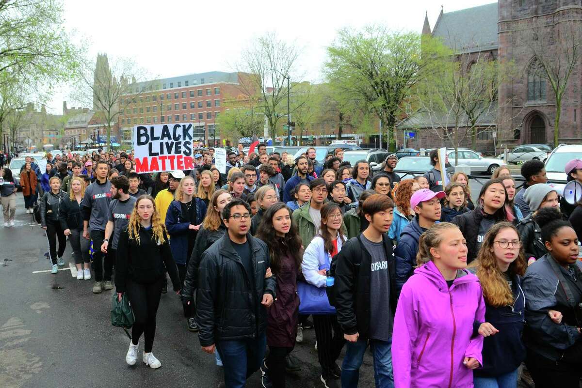 Members of Black Students for Disarmament at Yale led a march to the Yale Campus Police Station during a protest which started at Sterling Library at Yale campus in New Haven, on April 26. The group, along with other undergraduate groups — Coalition for Ethnic Studies at Yale, Fossil Free Yale, Students Unite Now, and Yale Endowment Justice Coalition — came out to protest the shooting last week of a black couple involving officers from Hamden and Yale University.
