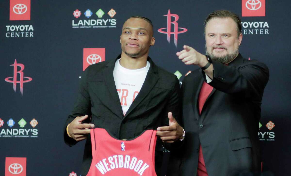 Rockets general manager Daryl Morey, at the introduction of Russell Westbrook, still thinks his team should be the favorites in the West.