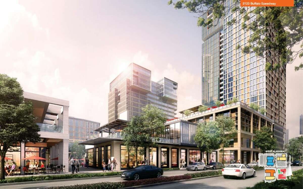A rendering filed with the city of Houston by the developer of a mixed-use development planned at the corner of West Alabama and Buffalo Speedway.