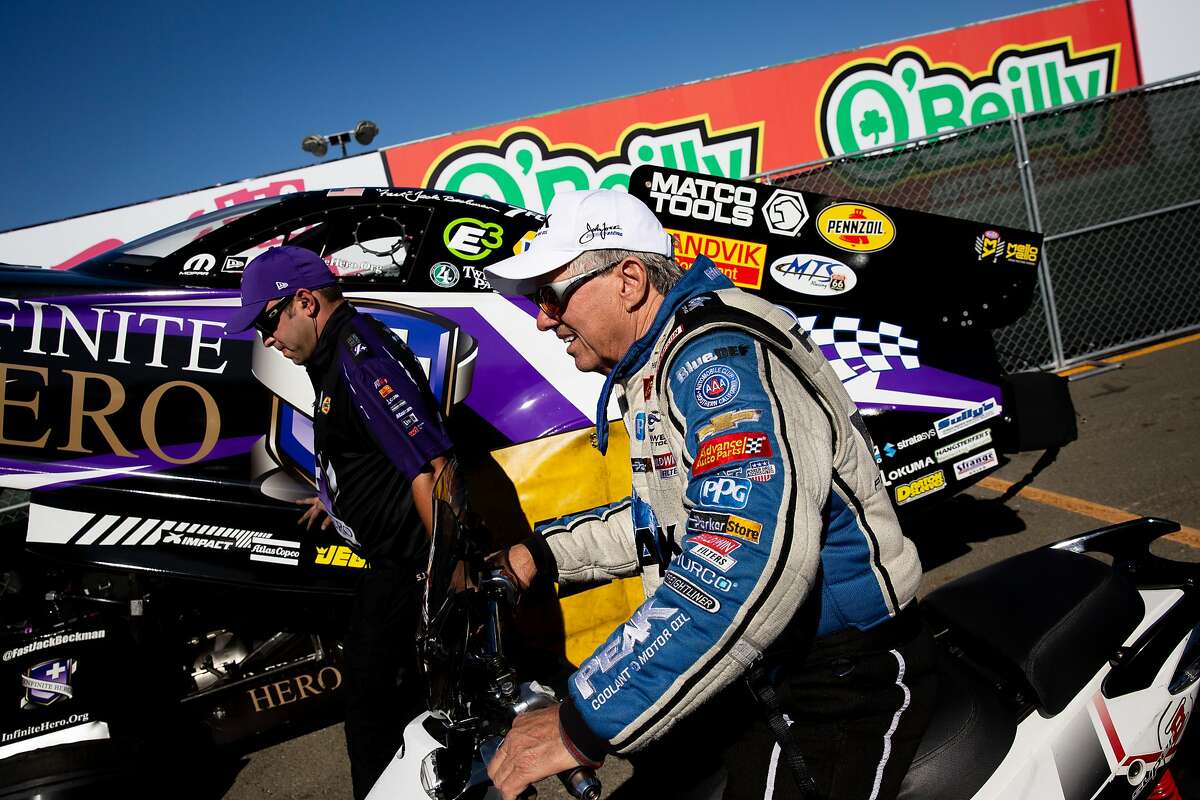 John Force rides around during the Sonoma Nationals National Hot Rod Association (NHRA) on Friday, July 26, 2019, in Sonoma, Calif. Force competed in his 2019 Chevrolet Camaro SS NHRA Funny Car in the first round of eliminations.