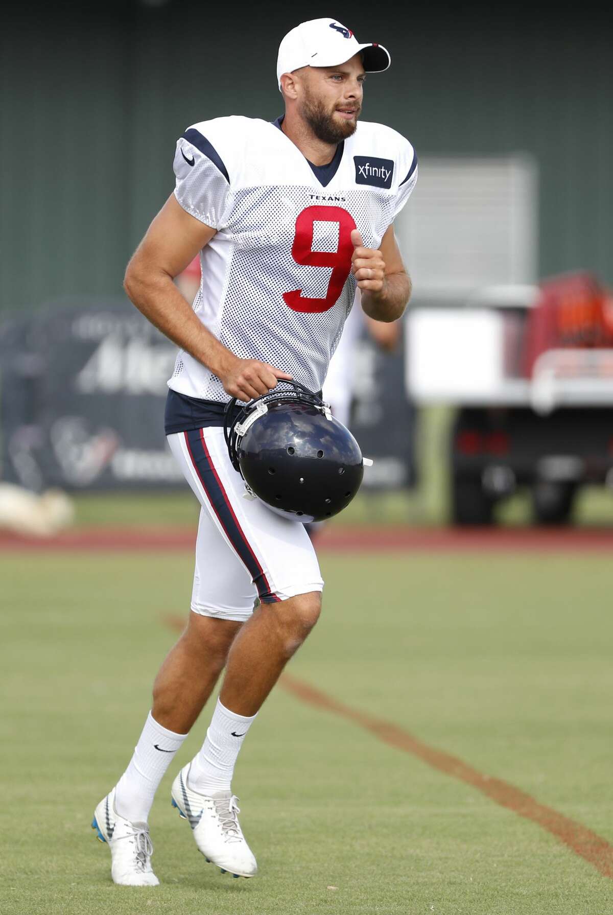 Houston Texans punter Bryan Anger jogs across the practice field during training camp at the Methodist Training Center on Saturday, July 27, 2019, in Houston.