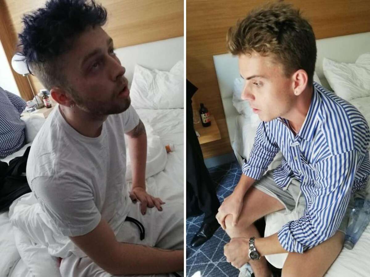 In this combo photo released by Italian Carabinieri, Gabriel Christian Natale Hjorth, right, and Finnegan Lee Elder, sit in their hotel room in Rome. Two American teenagers were jailed in Rome on Saturday as authorities carry out a murder investigation in the killing of Italian police officer Mario Cerciello Rega, 35. A detention order issued by prosecutors was shown on Italian state broadcaster RAI, naming the suspects as Gabriel Christian Natale Hjorth and Finnegan Lee Elder. (Italian Carabinieri via AP)