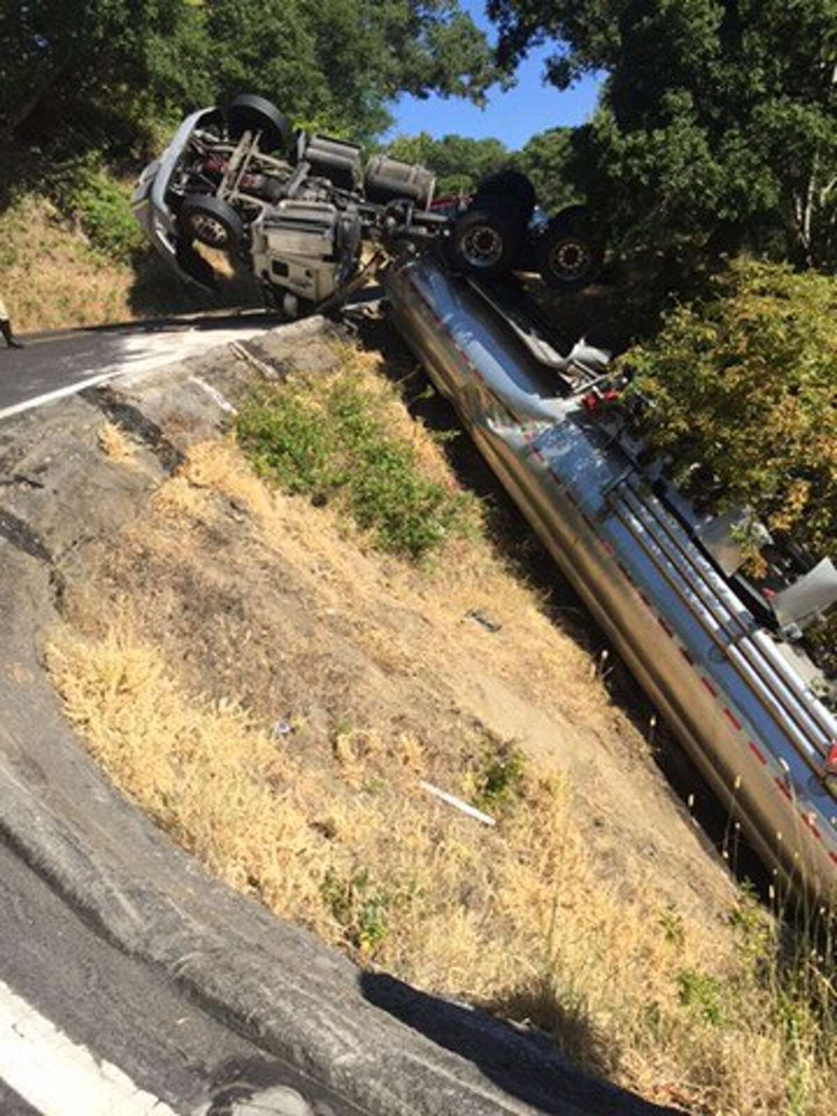 This tanker truck overturned on Lucas Valley Road on Sunday morning.