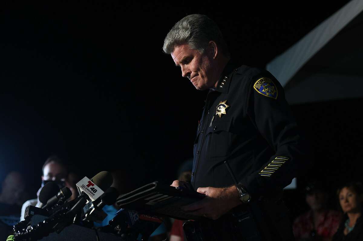 Gilroy Chief of Police Scot Smithee addresses the media at Gavilan College - Gilroy Campus, the site of a reunification area, after a shooting during the Gilroy Garlic Festival on July 28, 2019 in Gilroy, CA.