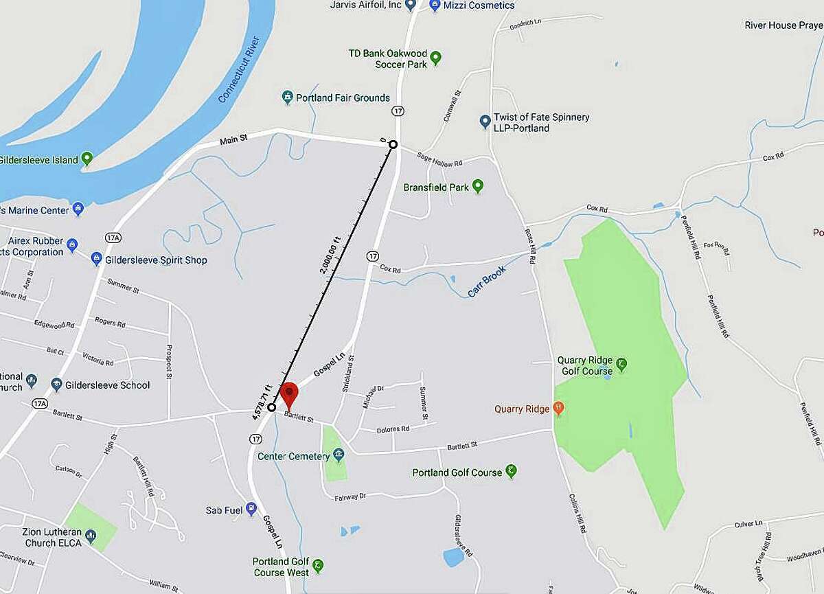 Fallen power lines, caused by a motor vehicle that struck a utility pole, has closed part of Route 17 Monday morning, July 29, 2019. The road is closed in both directions between Route 17A and Bartlett Street