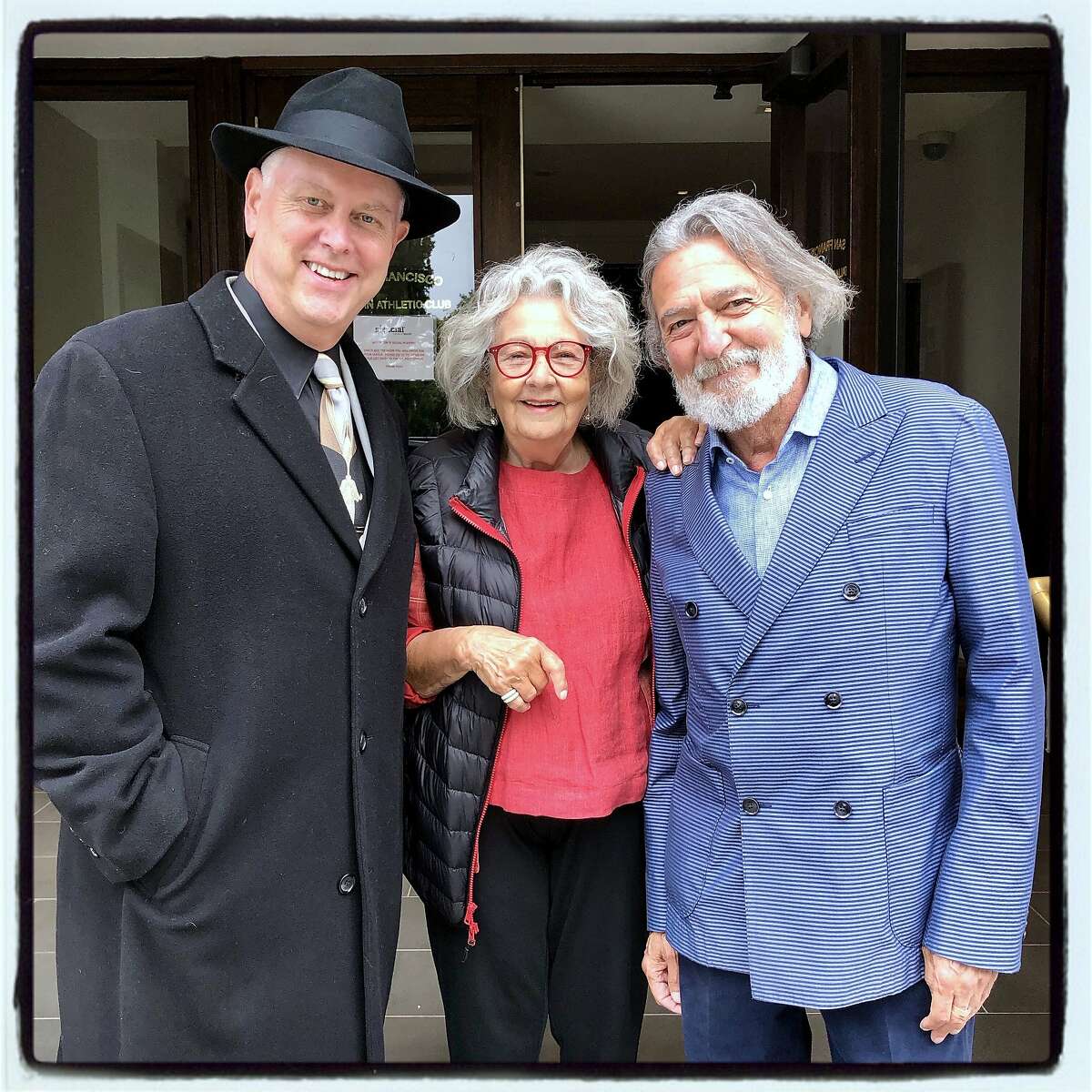 Noir Czar Eddie Muller (left) with Jeannette Etheredge and actor Don Novello at the Litquake "Godfather" fundraiser. July 18, 2019.