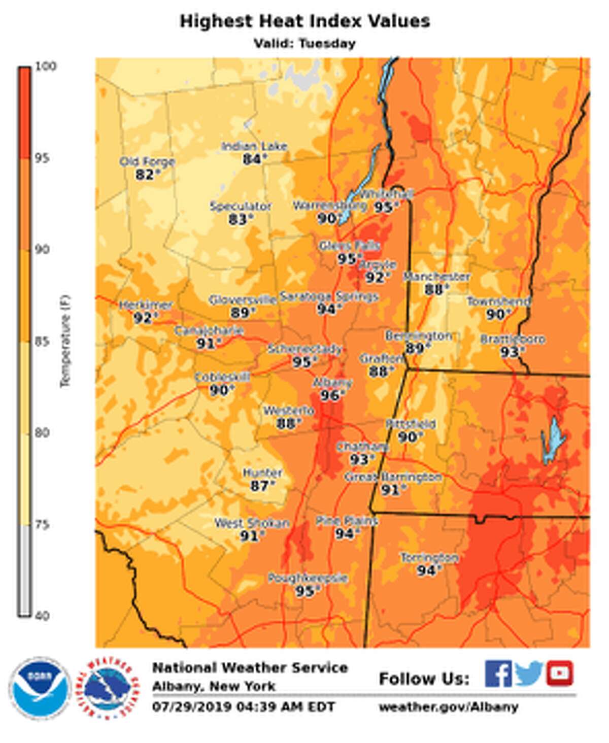 The National Weather Service issued a heat advisory for Tuesday in the Capital Region, with heat index values in the mid- to upper 90s..
