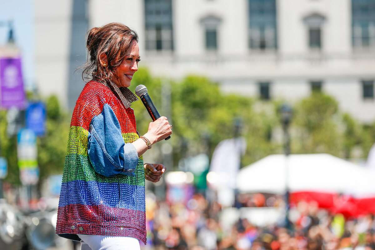 Senator Kamala Harris speaks to the crowd at the annual Pride Parade at Civic Center in San Francisco, California, on Sunday, June 30, 2019.