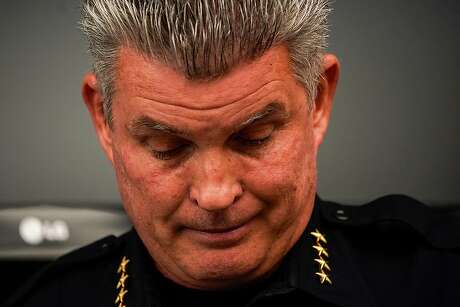 Scot Smithee, Chief of Police, Gilroy Police Department pauses, welling up, while speaking at a press conference at the Gilroy Police Department on Monday, July 29, 2019 in Gilroy, Calif. On Sunday July 28, a gunman opened fire at the Gilroy Garlic Festival, injuring 12 and killing four. (Kent Nishimura/Los Angeles Times/TNS)