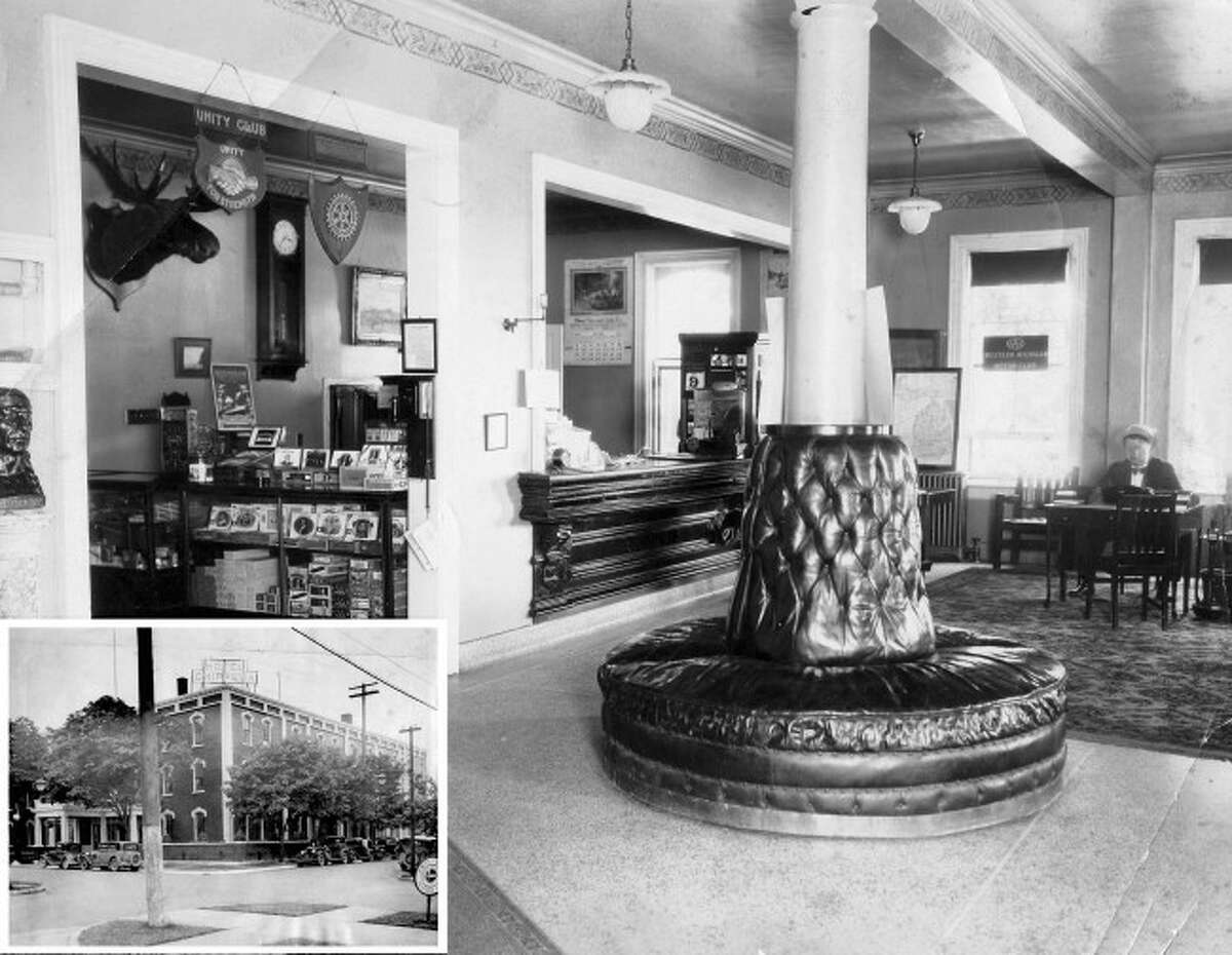 In 1917, the vacant Dunham House was refurbished to become the Hotel Chippewa. The above photograph shows a partial view of the lobby of the hotel circa 1920. INSET: The exterior of the Hotel Chippewa circa 1920s.