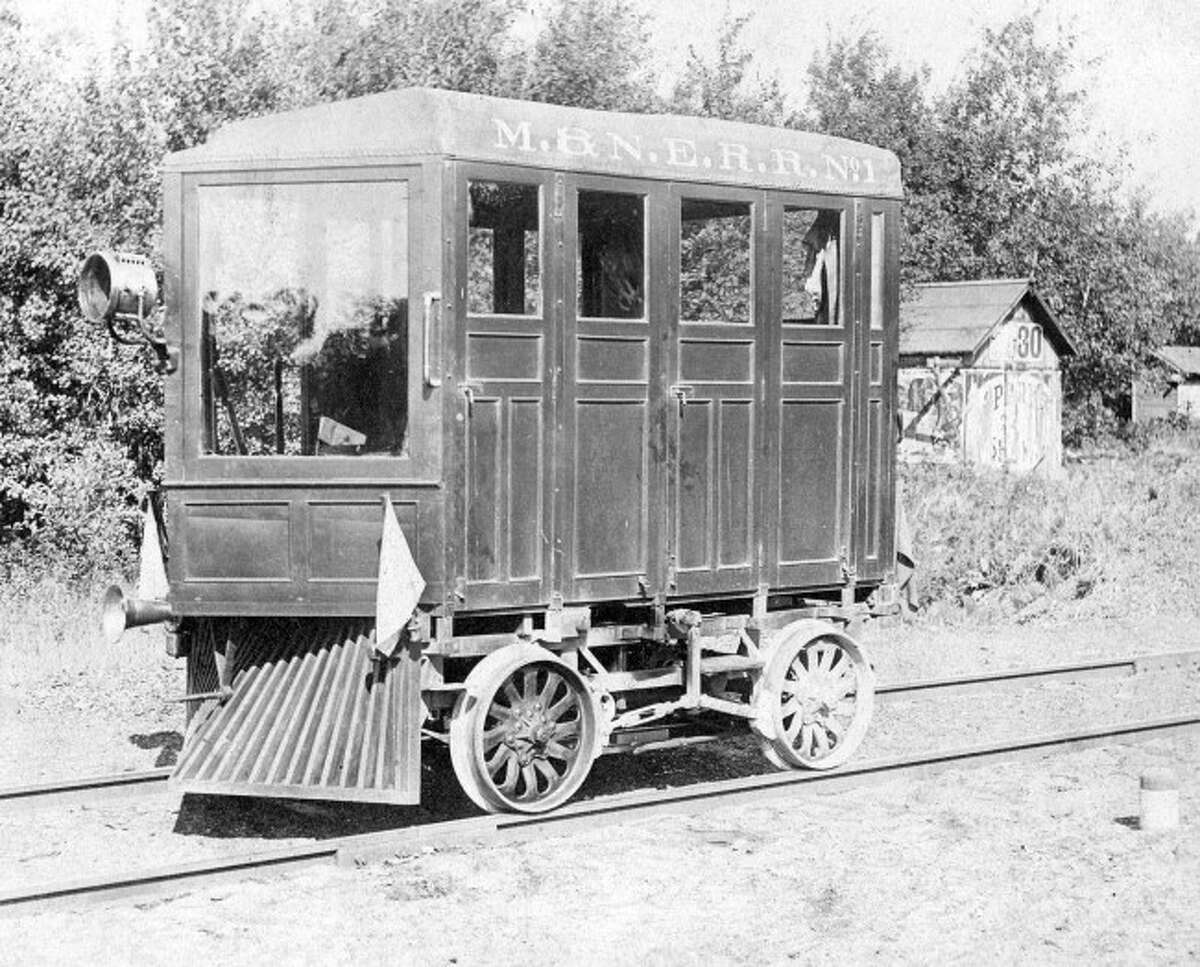 An inspection car for the Manistee Northeastern Railroad is shown in this early 1900 photo.
