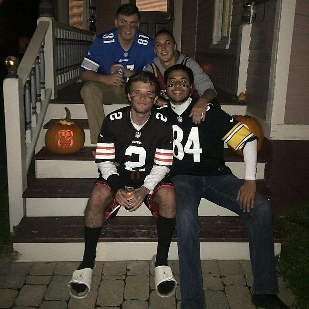 Trevor Irby celebrating Halloween with friends. Top left to right: Steven Wyrosdick, Ben Schreiber. Bottom left to right: Matt Hey, Trevor Irby