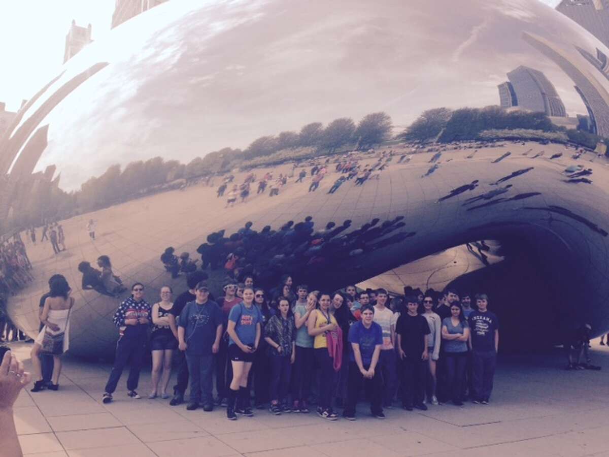 Students from Onekama Consolidated Schools stop for a photo op at “The Bean” sculpture in downtown Chicago during a recent educational trip.