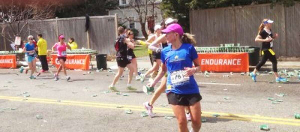 Manistee’s Marcy Huber at the 17-mile mark of Monday’s Boston Marathon. (Courtesy Photo)