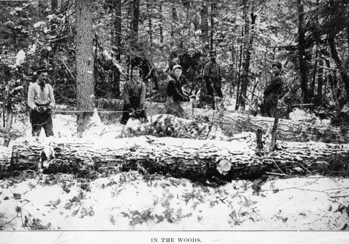 Lumberjacks like the ones shown in this photograph worked throughout the winter months bringing down trees in the woods to ship to the sawmills in Manistee.