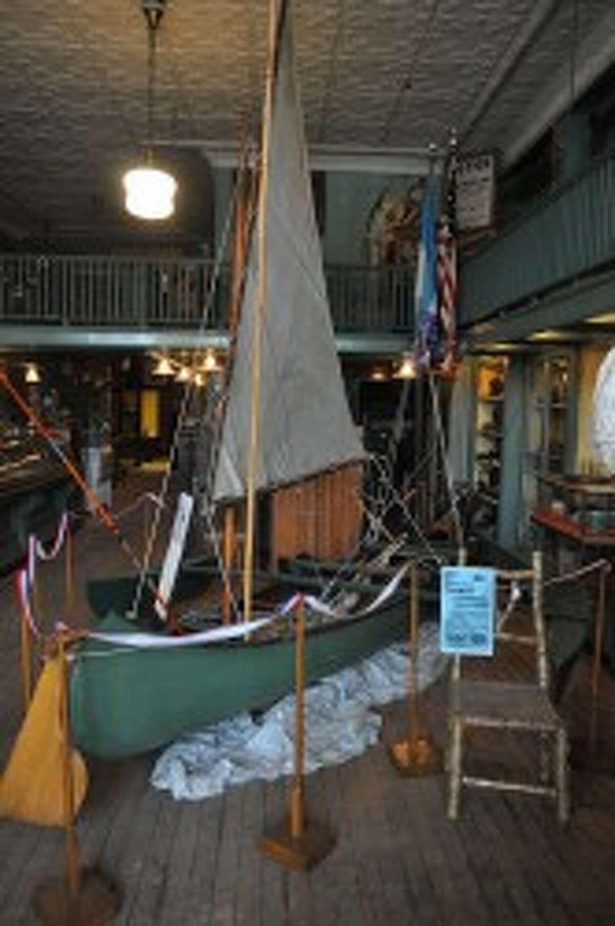 A canoe that was rigged by Wilcox Doolittle and used in Portage Lake in the 1950s is on display at the Manistee County Historical Museum.