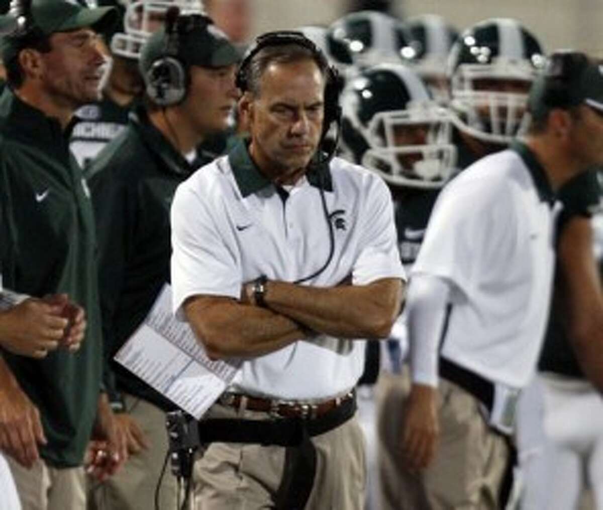 Michigan State coach Mark Dantonio paces on the sidelines during Saturday’s loss to Notre Dame. (Kirthmon F. Dozier/Detroit Free Press/MCT)