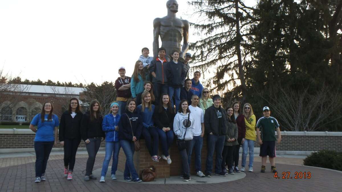 Manistee Catholic Central’s Science Olympiad team me members pose in front of “Sparty” the Michigan State University mascot during the teams trip to East Lansing for the state finals. (Courtesy photos)