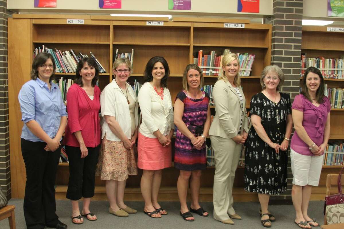 New teachers hired for the upcoming year at Manistee Area Public Schools this week (left to right) Bridget Dontz, Allison Veine, Leah Antal, amanda Johns, Kelly Zimmperman, Lacey Hudson, new administrative secretary Nancy Day, and Beth Adams. Not picture are Troy Bytwork, Mike McGuire, and Hannah Starmann.(Ken Grabowski/News Advocate)