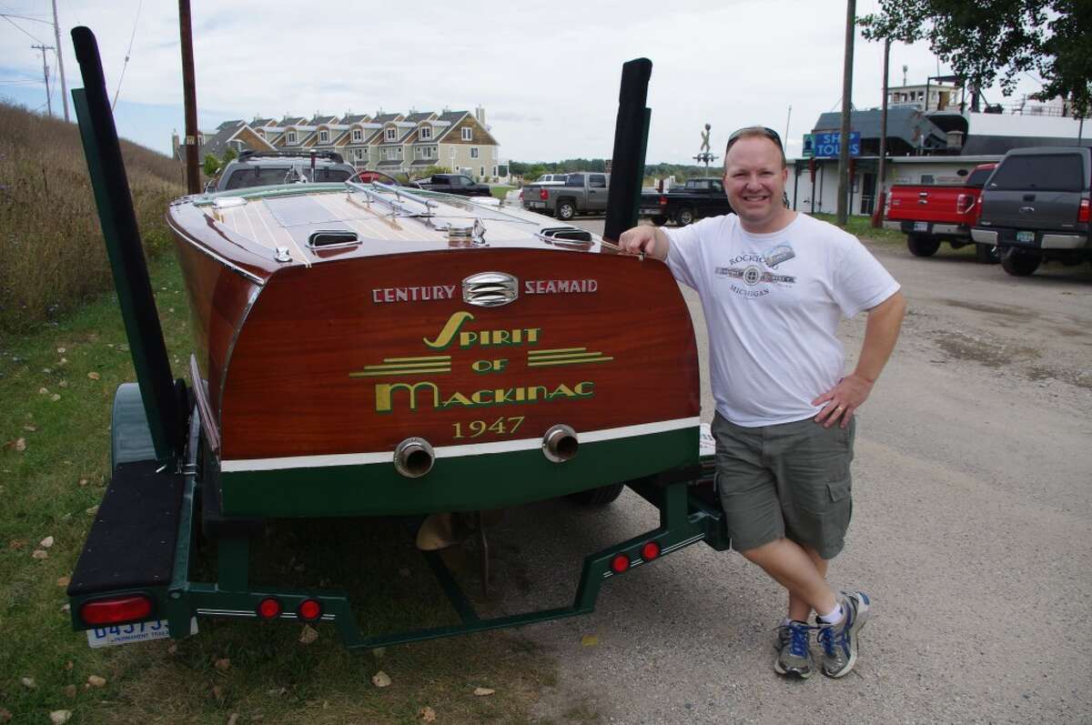 Brian Mortimore of Grand Rapids brought his 1947 Century Boat to Manistee for Saturday's boat show and is also helping work on projects at the S.S. City of Milwaukee. (Dave Yarnell/News Advocate)
