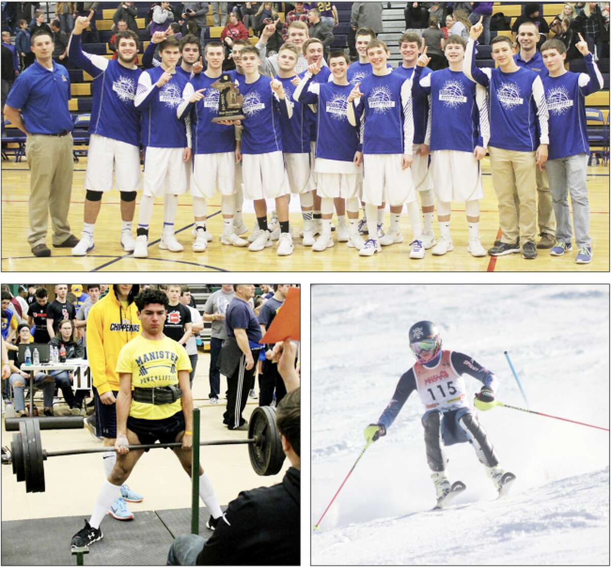 Pictured (clockwise from top): The Onekama boys basketball team celebrates its first district title since 2003 on March 9, 2018; Onekama skier Keagan Thomas earned All-State honors at the Division 2 state finals in February; Manistee’s Jesus Reyna-Cruz participates in the deadlift at the Michigan High School Power Lifting Association state finals in March of last year. (News Advocate file photos)