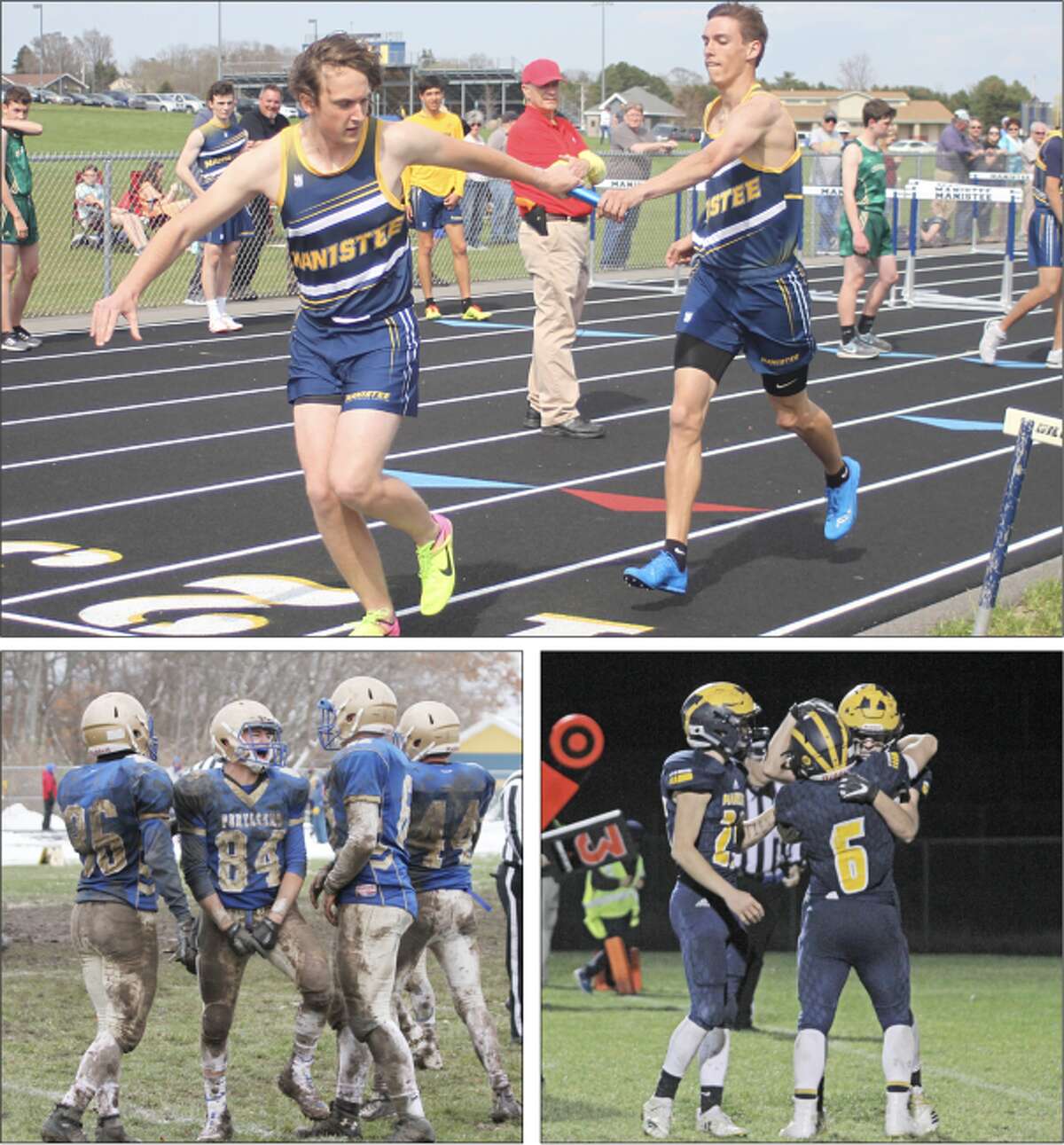Pictured (clockwise from top): Manistee High School debuted its long awaited home track in May of 2018; The Manistee Chippewa football team capped a perfect 9-0 regular season; The Onekama Portager football team made it all the way to the 8-player Division 2 state championship in the fall. (News Advocate file photos)