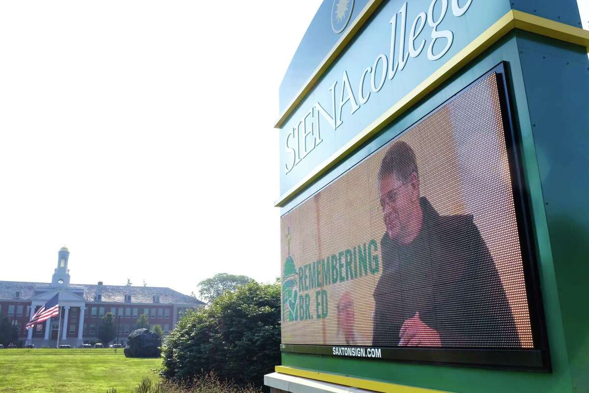 A message board on the Siena College campus shows an image of its president, Brother F. Edward Coughlin, on Tuesday, July 30, 2019, in Loudonville, N.Y. Coughlin died early Tuesday morning following complications from non-emergency heart surgery. (Paul Buckowski/Times Union)