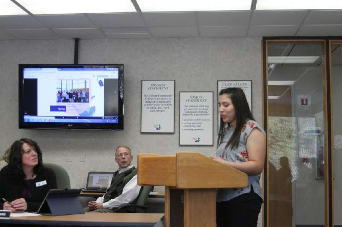 West Shore Community College Student Senate president Ana Figueroa tells the board of trustees about the activities the Student Senate is doing at the college.