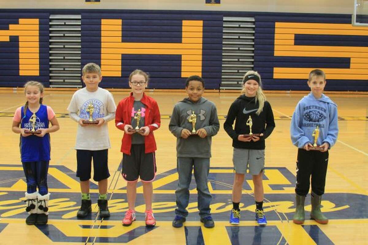 Winners in the 2018 Manistee Elks Hoop Shoot contest are (left to right) Ava Mauntler (girls 8-9 division), Dalton Mobley (boys 8-9 division), Brenna Johnson (girls 10-11 division), Chaos Davis (boys 10-11 division), Heather Zielinski (girls 12-13 division) and Connor Wojciechowski (boys 12-13 division) They will advance to the district competition in Big Rapids at the junior high school on Jan. 19