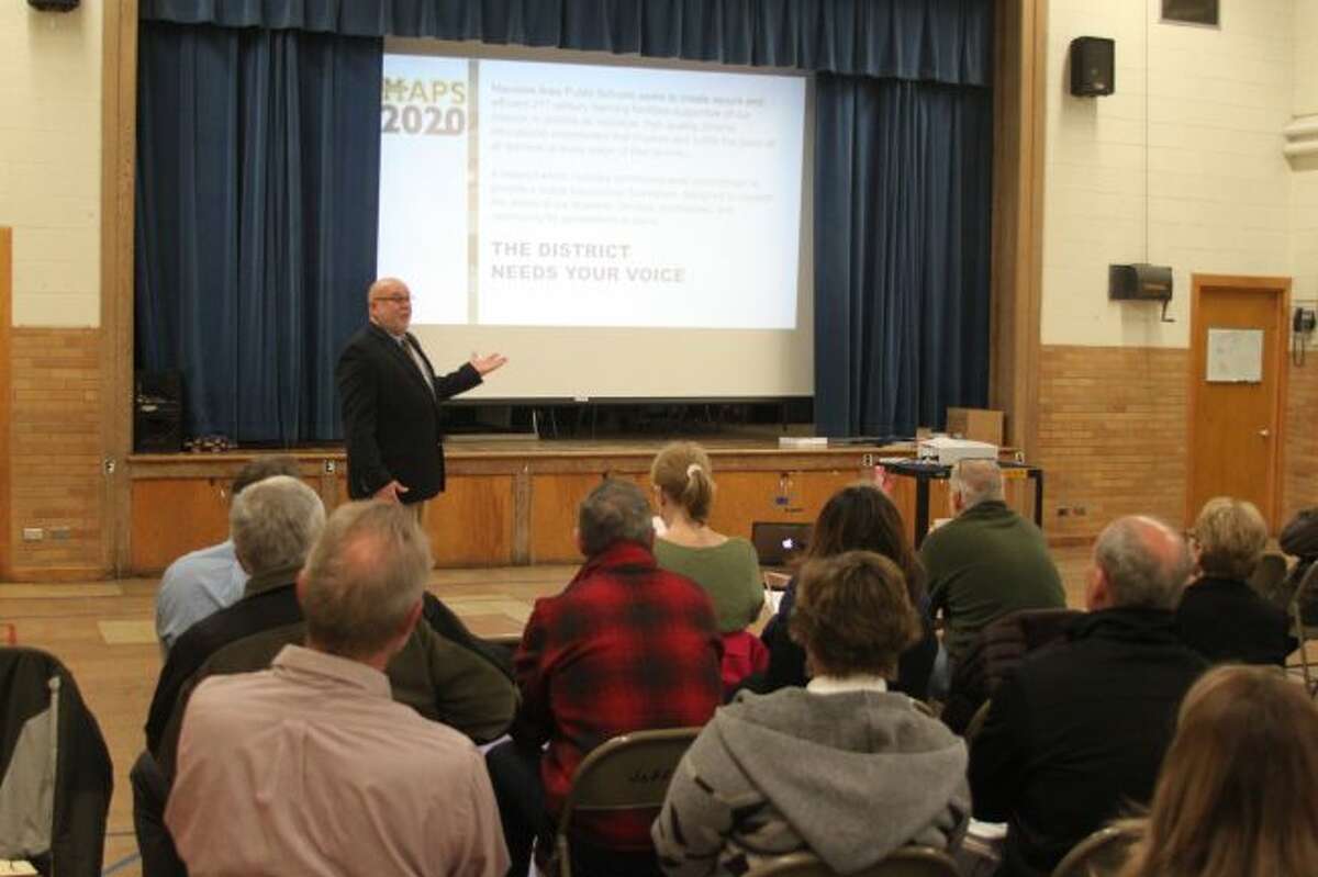 Manistee Area Public Schools superintendent Ron Stoneman speaks at Thursday's MAPS 2020 forum that was set up to make the public aware of the district's need in the next 20 years. Another forum is scheduled for 7 p.m. on April 25 at Jefferson Elementary School.