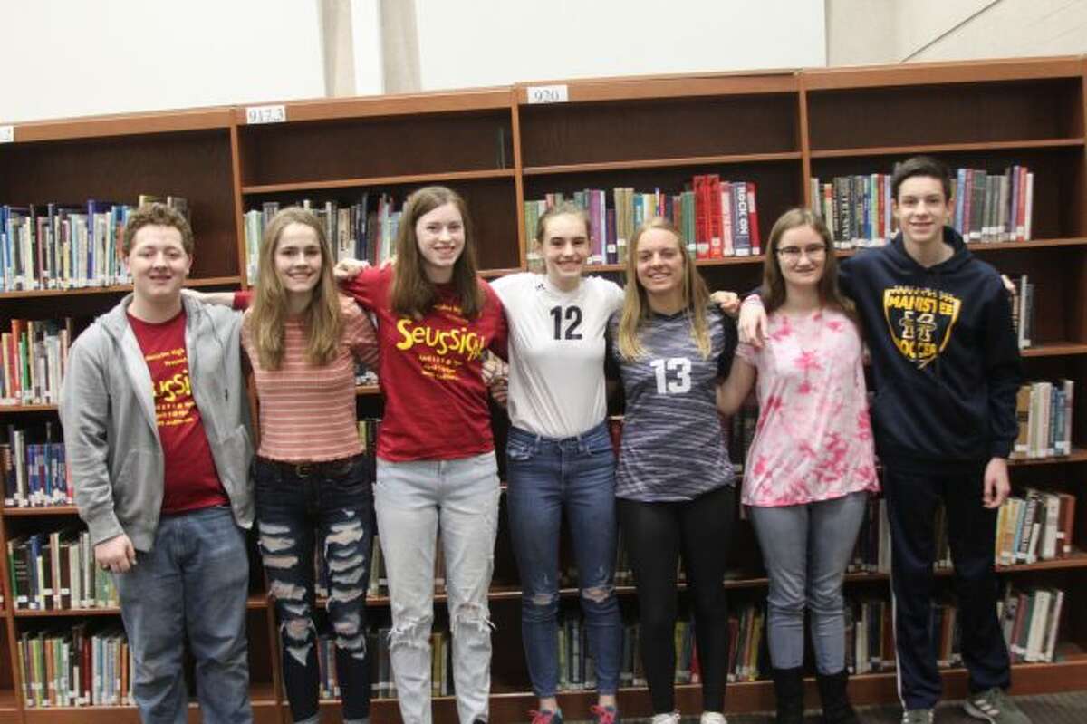 The Manistee High School Quiz Bowl team finished in fourth place at the state finals. The team members include (from left to right) Liam Quinn, Haley Johnson, Olivia Holtgren, Solana Postma, Olivia Smith, Cassie Pendry and Jack Holtgren. The Chippewas are coached by Polly Schlaff and Kate Thomson. (Ken Grabowski/News Advocate)