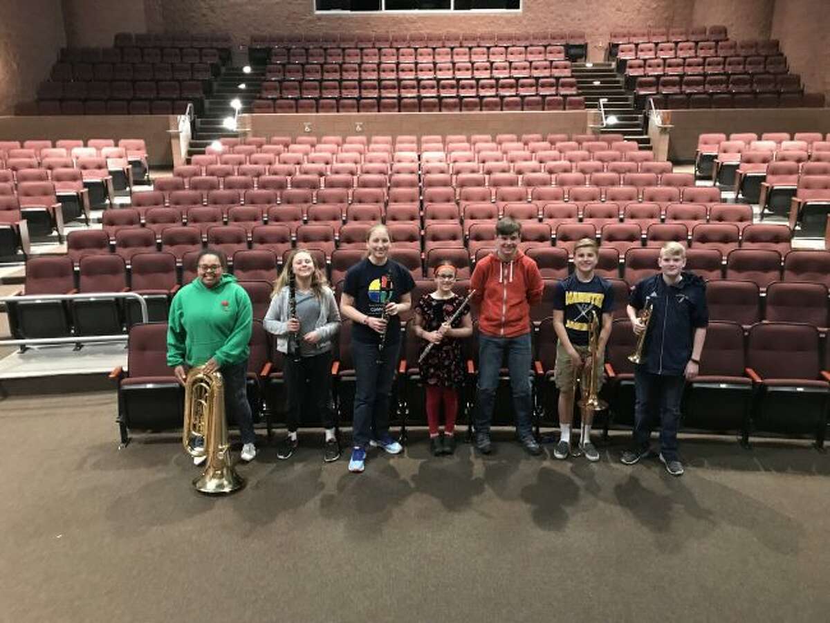 These Manistee Area Public Schools Seventh Grade Band members performed successfully at the MSBOA District 1 Spring Solo and Ensemble Festival held at MMHS. Left to Right are Daydreana Davis, Brooklynn Blair, Emily Sullivan, Anna Herberger, Caden Van Sickle, Jeffrey Huber and Tug Thuemmel. Not pictured but performed Brenna Lind and Ariel Stansell.