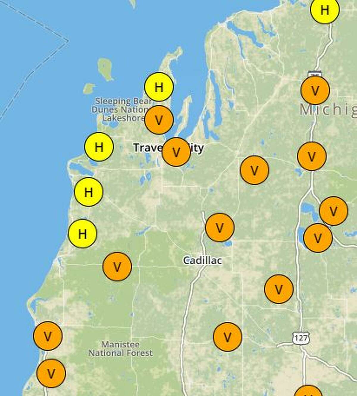 Area in the northern Lower Peninsula are at high risk for fire danger. Those labeled with an "H" are high risk and those areas with a "V" are very high risk. (Courtesy map)