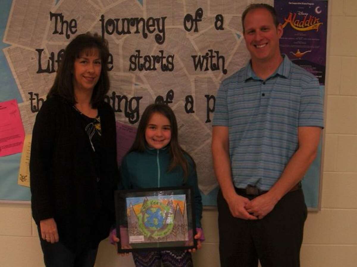 Pictured left to right are Dawn Wittlief, T.E.S. Filer City Station; Bear Lake Elementary School student and grand prize winner Layla Swanson and Eric Ware, Bear Lake Art Teacher.