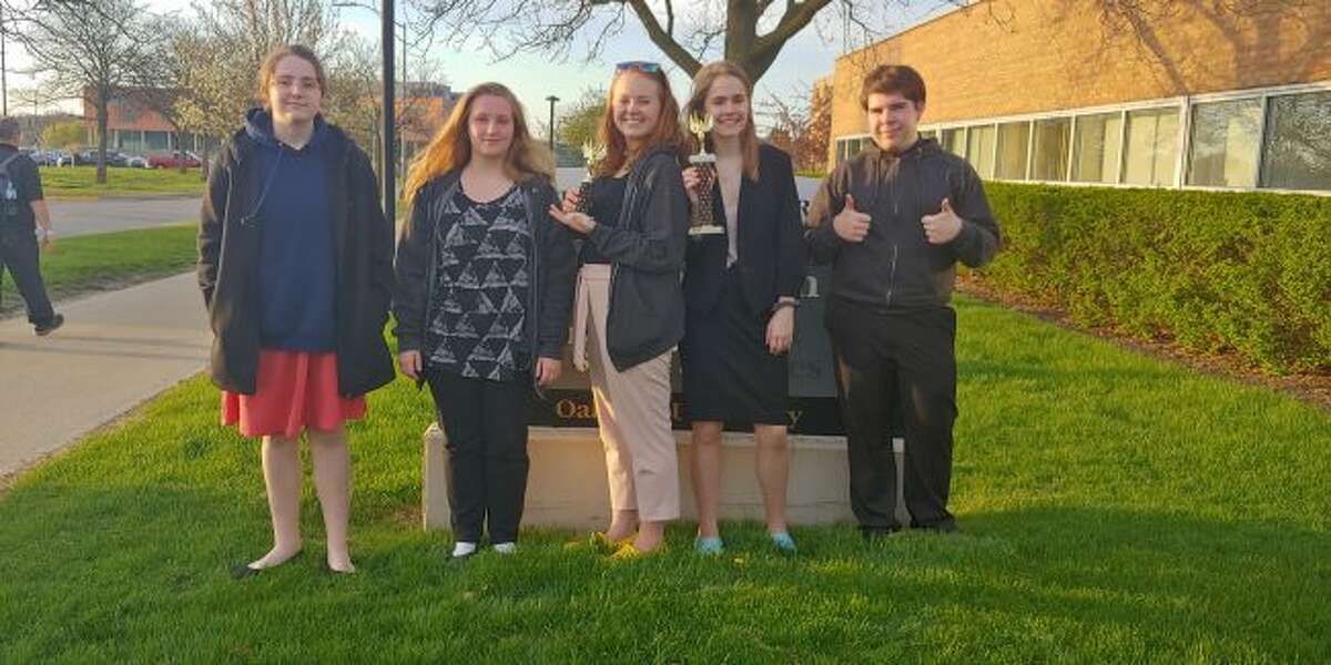The Manistee High School Forensics team finished in ninth place at the state Class B competition at Oakland University. Shown are team members Lauren Hanna, Kyla White, Macie Goodspeed, Hayley Johnson and Kyle Carter.