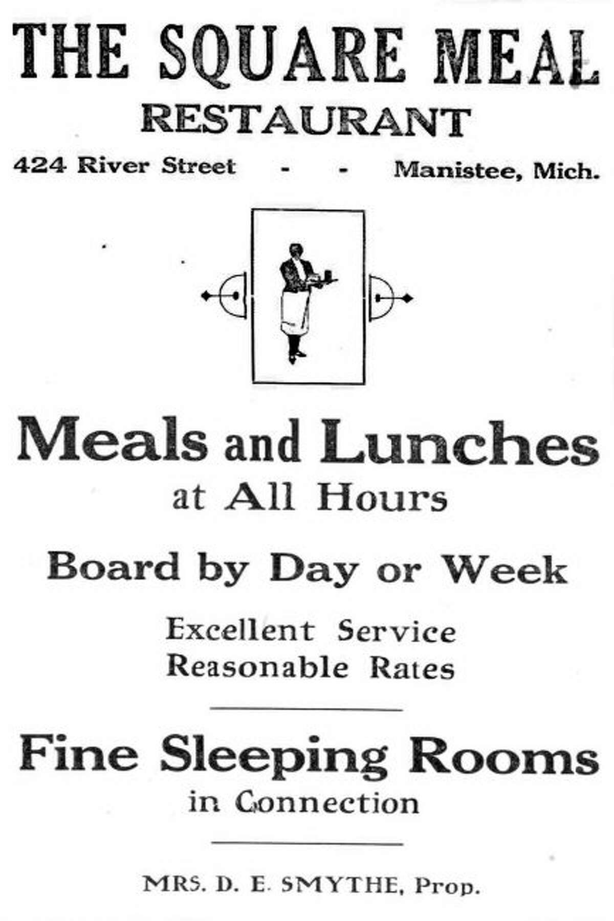 An advertisement for the Square Meal Restaurant published in the Manistee Picture Press magazine circa 1915.