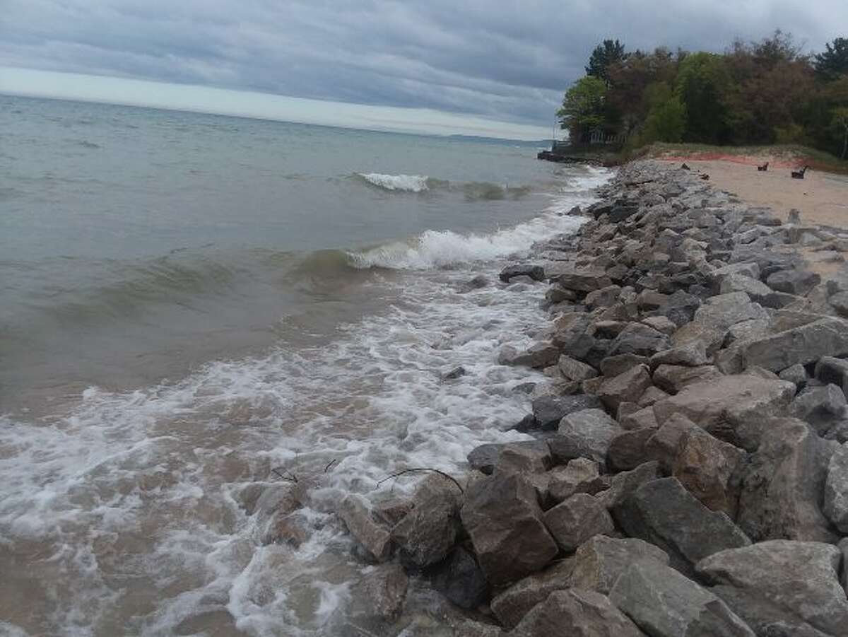 Years ago the Bar Lake Access along Lakeshore Drive had a large beach area, now the Lake Michigan water level comes right up to the riprap. (Michelle Graves/News Advocate)