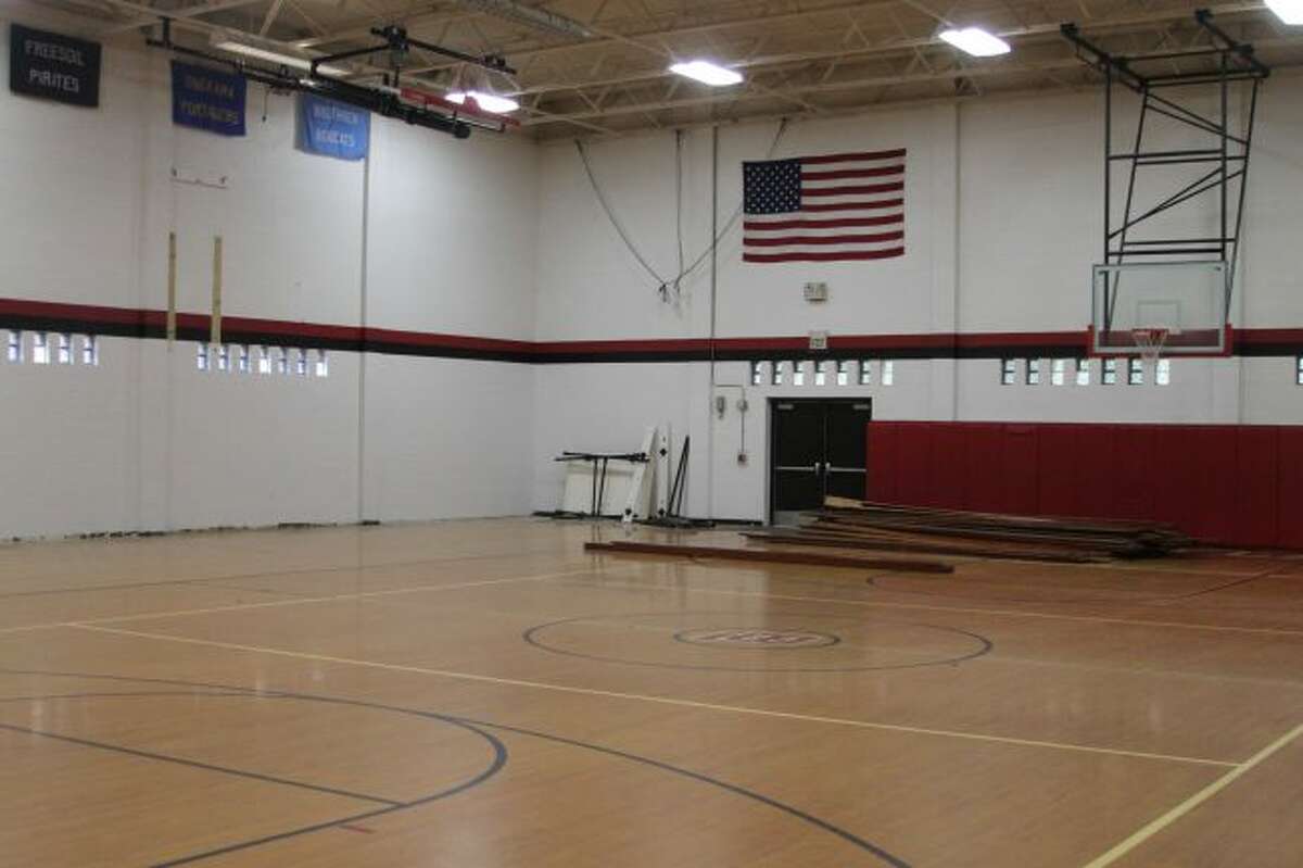 The lower gymnasium at Bear Lake Schools looks much different with the bleachers being gone. The district is putting in new bleachers and sanding, painting and redoing the gym floor. New baskets were also added to the side of the gym that fold up and out of the way of people wanting to view the stage.