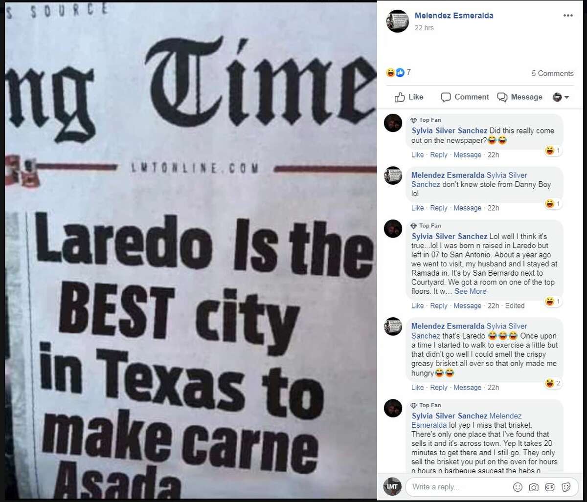 A doctored image of the Laredo Morning Times front page shows what Laredo thinks of the report ranking Laredo last in Texas on a list of the best & worst cities to raise a family.